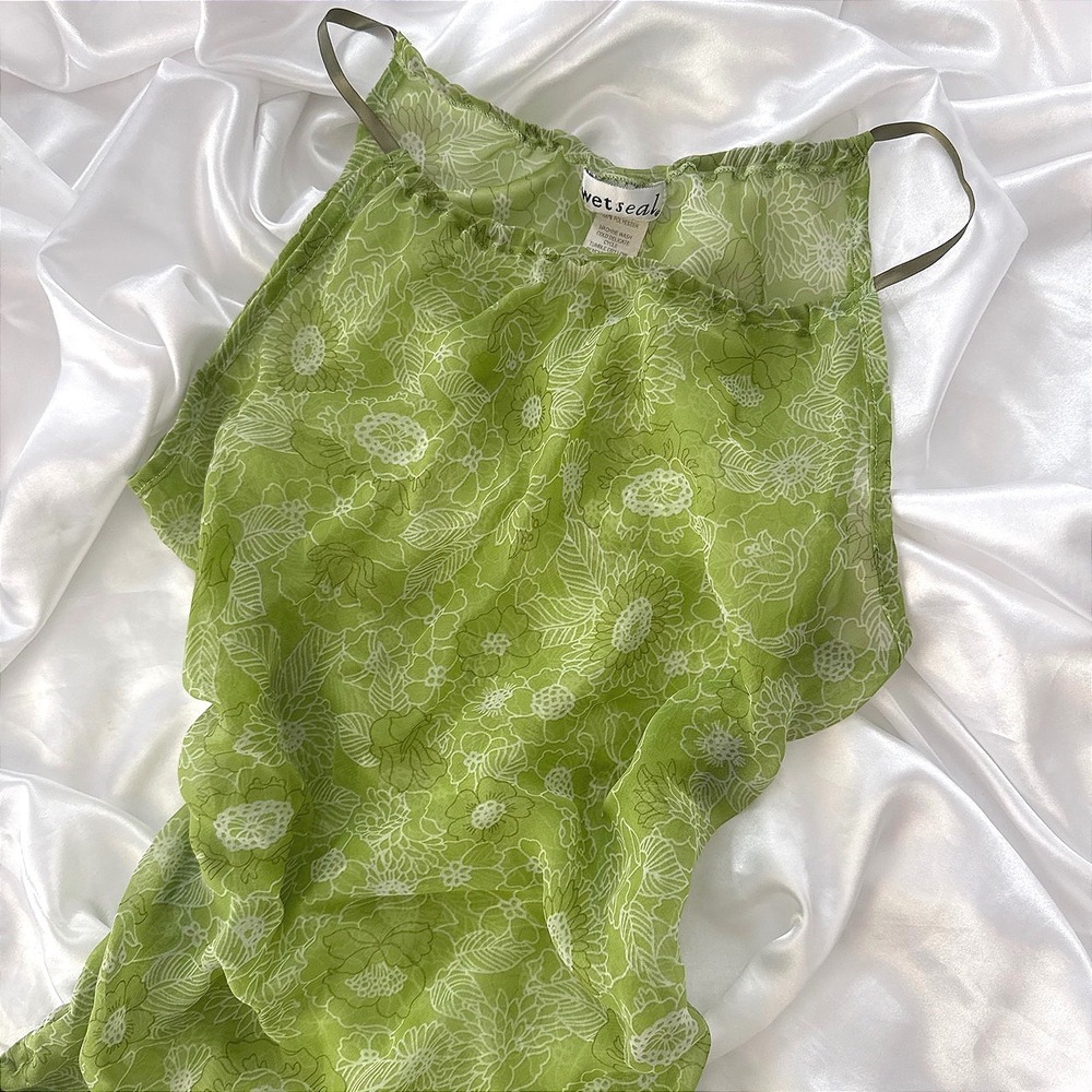 Vintage Wet Seal Green Floral Sheer Ruched Side Cami Top Small y2k Made in USA